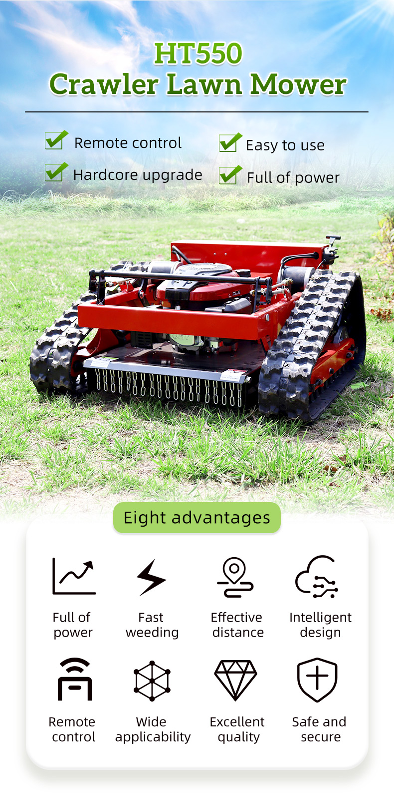 200m Remote Control Rubber Crawler Slope Lawn Mower 550mm Cutting Width HT550-hightop
