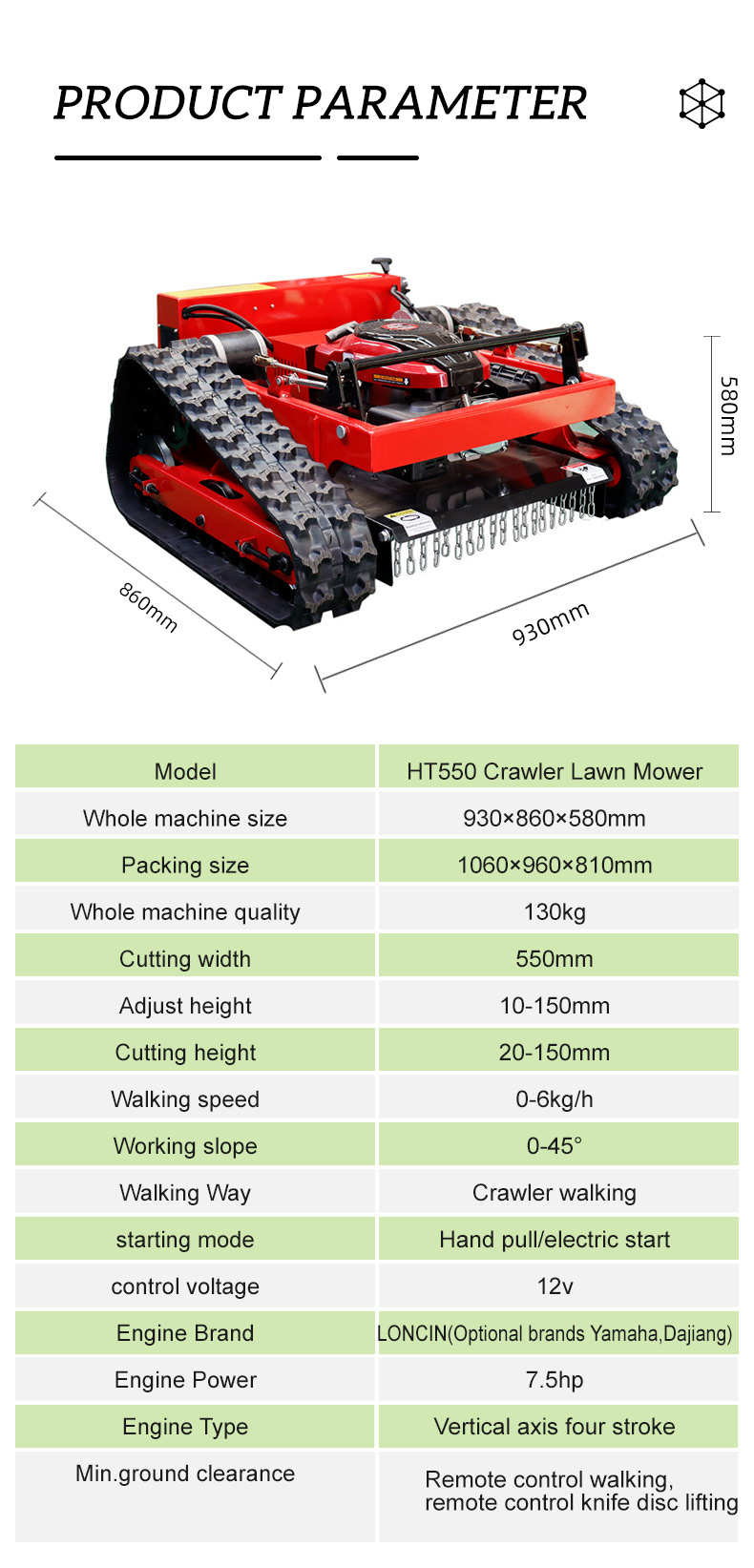 200m Remote Control Rubber Crawler Slope Lawn Mower 550mm Cutting Width HT550-hightop
