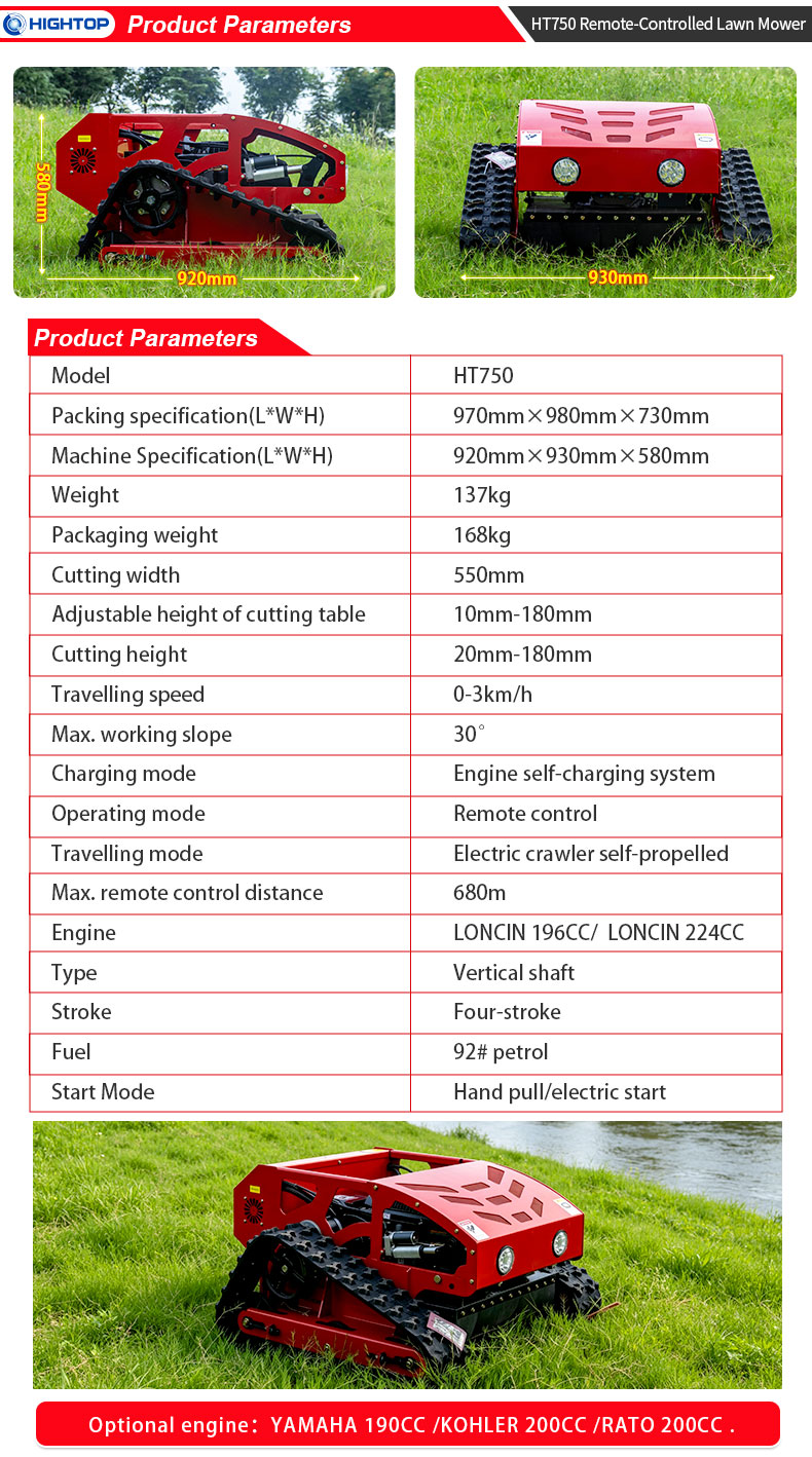 Long Distance Remote Control Rubber Crawler Lawn Mower HT750-hightop