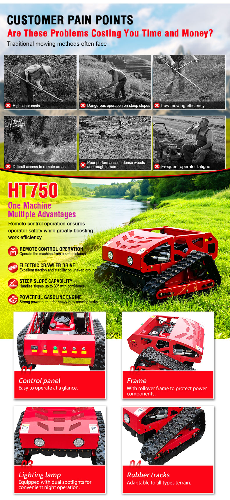 Long Distance Remote Control Rubber Crawler Lawn Mower HT750-hightop