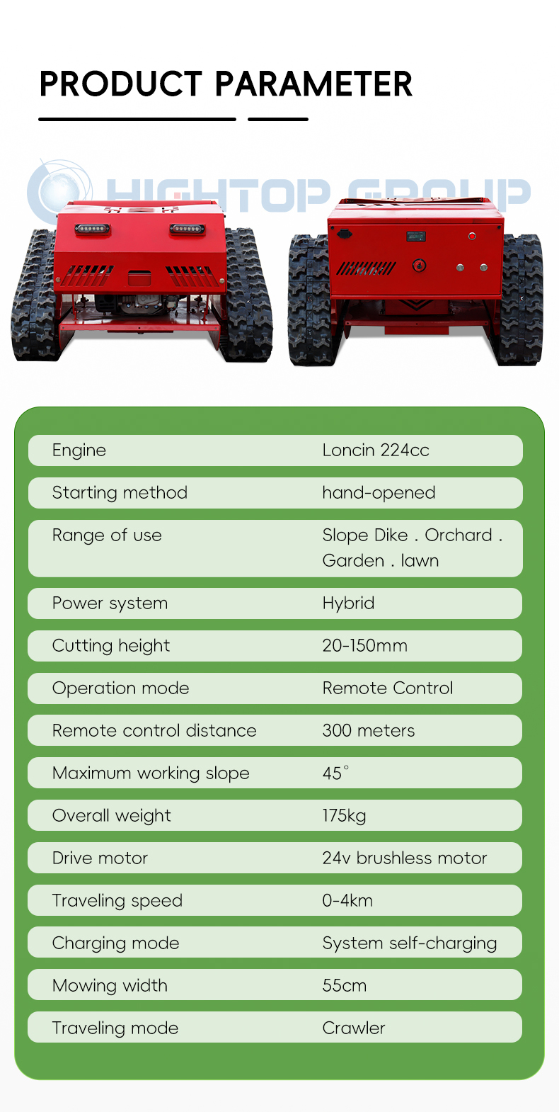 Hybrid Power Remote Control Rubber Crawler Lawn Mower HTM750-hightop