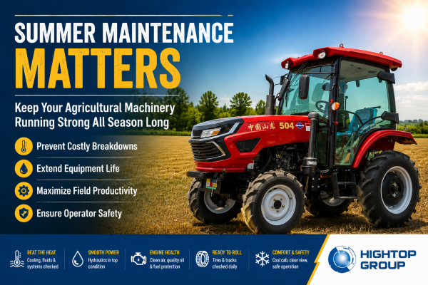 Summer maintenance of agricultural machinery with tractor in farm field
