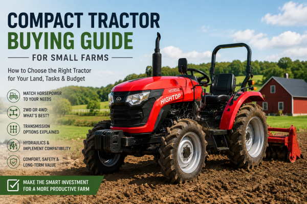 Hightop compact tractor working on farm field for small farm tractor buying guide